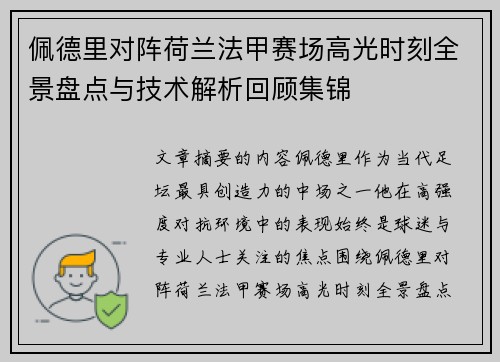 佩德里对阵荷兰法甲赛场高光时刻全景盘点与技术解析回顾集锦